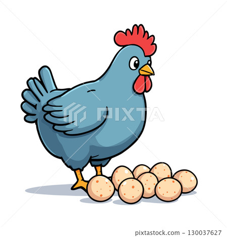 Proud hen watching over her freshly laid eggs 130037627