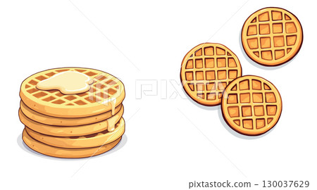 Stack of waffles with syrup and three round waffles on white background Stack of waffles with syrup and three round waffles on white background 130037629