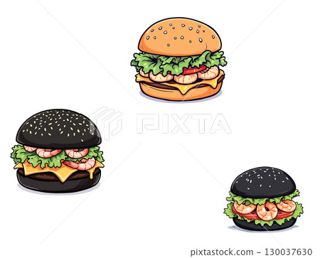 Delicious shrimp burgers with black and white buns satisfying hunger Delicious shrimp burgers with black and white buns satisfying hunger 130037630