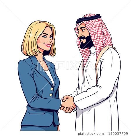 Businesswoman shaking hands with arab businessman in traditional clothing Businesswoman shaking hands with arab businessman in traditional clothing 130037709