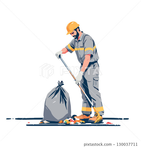 Street cleaner sweeping trash into garbage bag 130037711