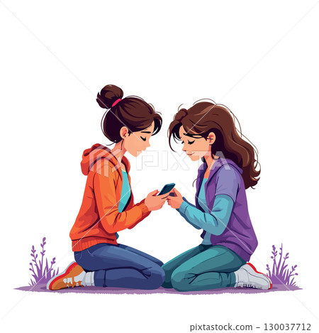 Two girls kneeling and sharing smartphone content outdoors 130037712