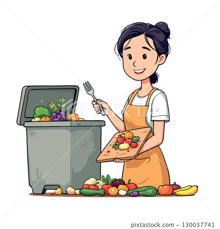 Woman composting organic food waste in kitchen 130037741