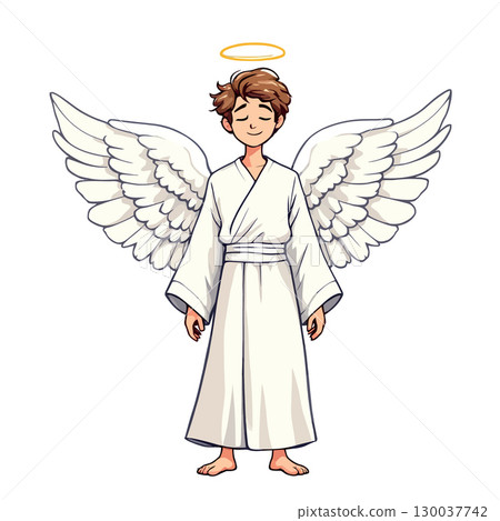 Guardian angel wearing white robe and halo smiling peacefully Guardian angel wearing white robe and halo smiling peacefully 130037742