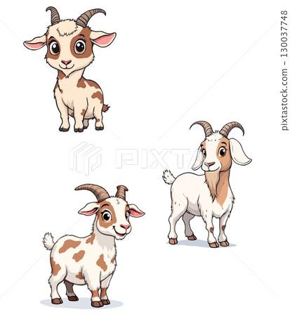 Three cartoon goats posing on white background 130037748