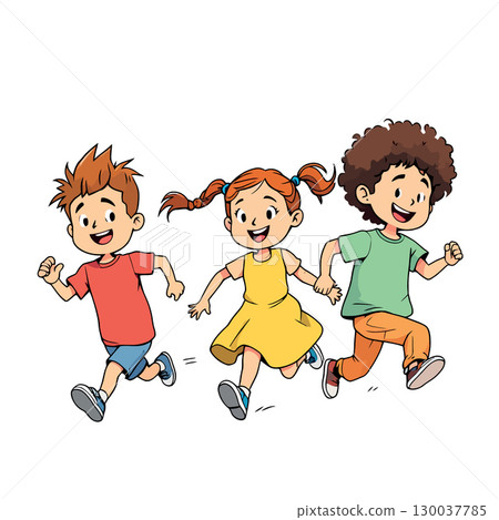 Happy children running and holding hands, promoting childhood joy and togetherness 130037785