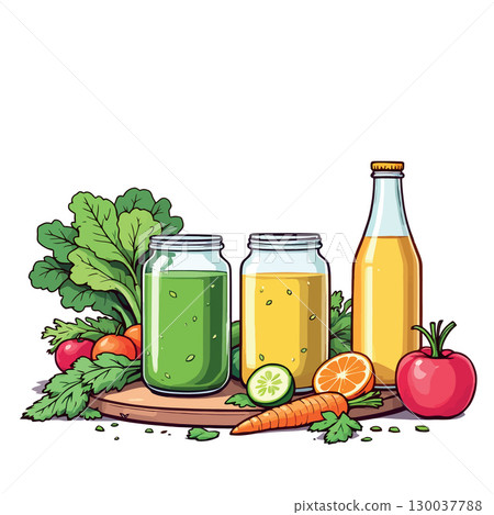 Freshly squeezed juices and smoothies resting on wooden board with vegetables and fruits Freshly squeezed juices and smoothies resting on wooden board with vegetables and fruits 130037788