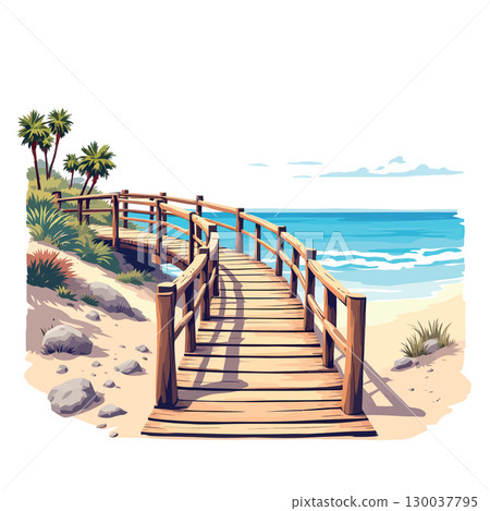 Wooden boardwalk leading to beautiful sandy beach with palm trees Wooden boardwalk leading to beautiful sandy beach with palm trees 130037795
