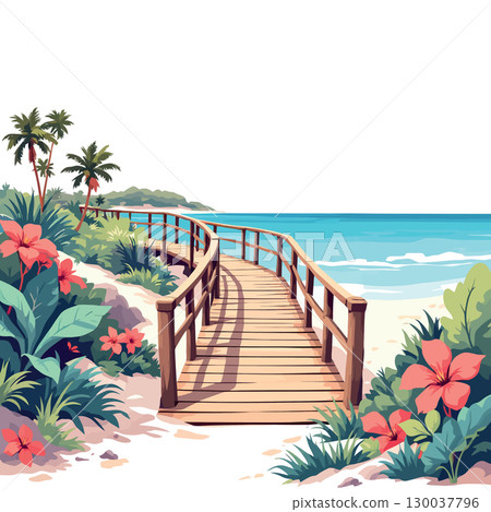 Wooden boardwalk leading to beautiful tropical beach with lush vegetation 130037796