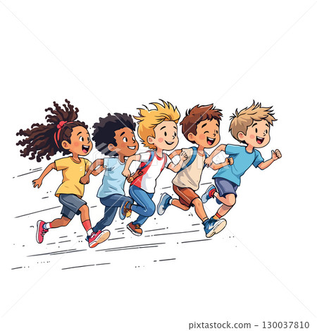 Happy children running together in a row, holding hands 130037810