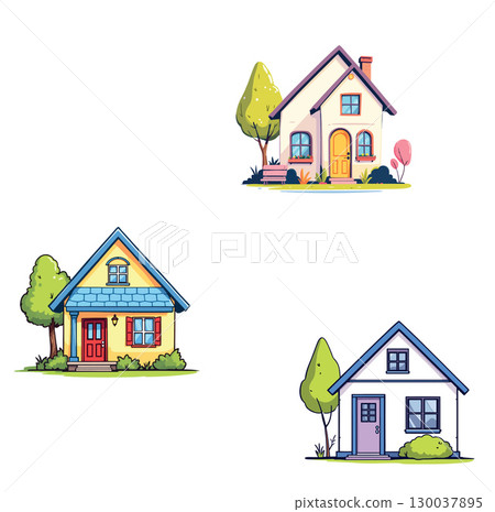 Three colorful cartoon houses representing suburban living with trees and gardens 130037895