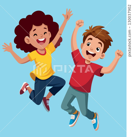Happy children jumping and celebrating with raised hands 130037902