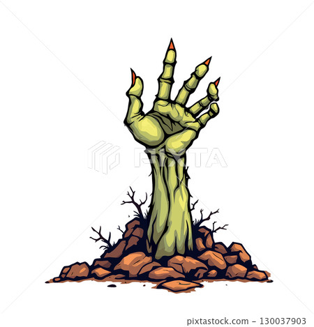 Zombie hand emerging from grave reaching upwards 130037903