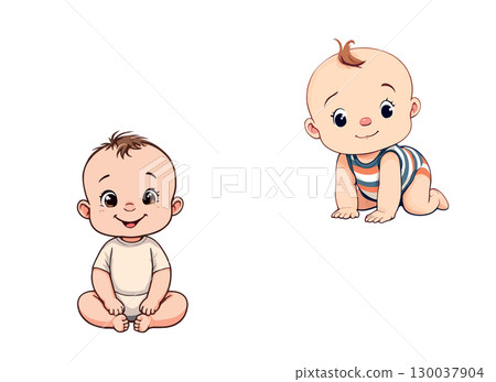 Adorable babies sitting and crawling, showing happiness and playfulness 130037904