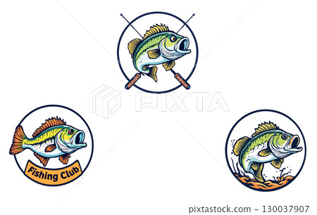 Set of fishing club logo designs featuring largemouth bass and fishing rods 130037907