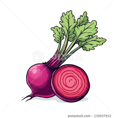 Fresh beetroot with leaves and a half showing concentric circles 130037912