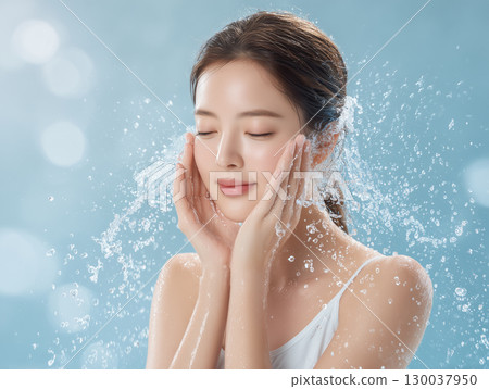 A skincare image showcasing a clear, cleansing face (beauty cosmetics advertisement) 130037950