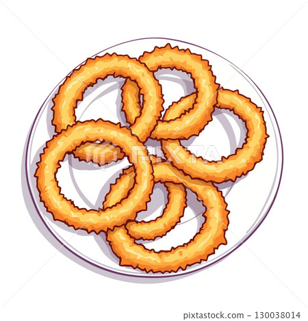Crispy onion rings piled on white plate, tempting snack Crispy onion rings piled on white plate, tempting snack 130038014