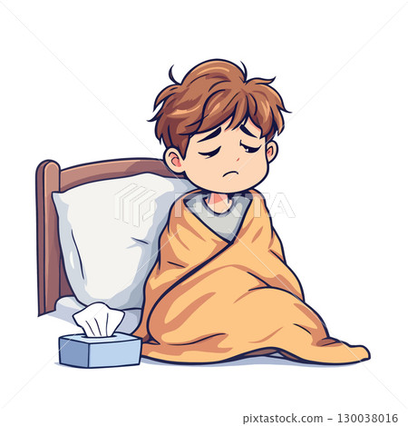 Sick child suffering from cold or flu sitting on bed wrapped in blanket 130038016