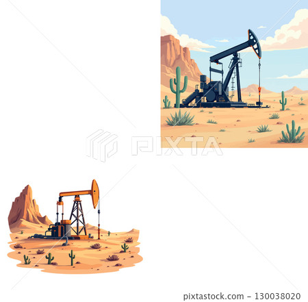 Pump jack extracting crude oil in the desert landscape 130038020