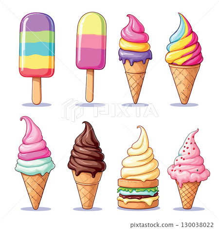 Colorful ice cream and popsicles representing summer refreshments 130038022
