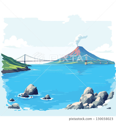 Suspension bridge connecting coasts with smoking volcano in background Suspension bridge connecting coasts with smoking volcano in background 130038023