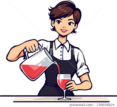 Smiling waitress pouring red wine into glass from pitcher Smiling waitress pouring red wine into glass from pitcher 130038024