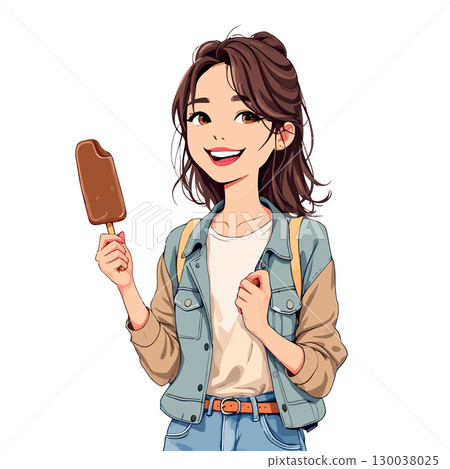 Happy young woman eating chocolate ice cream on a summer day 130038025