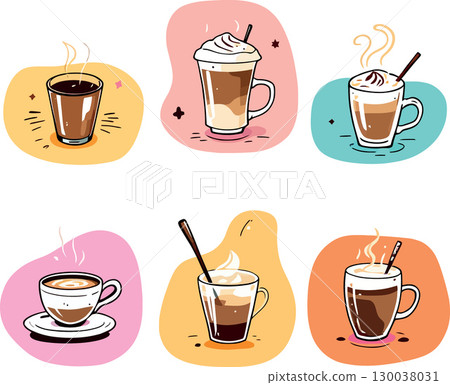 Steaming cups and mugs of coffee, cappuccino, latte, and espresso drinks 130038031