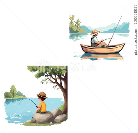 Fishermen fishing from boat and riverbank enjoying peaceful lake scenery 130038033