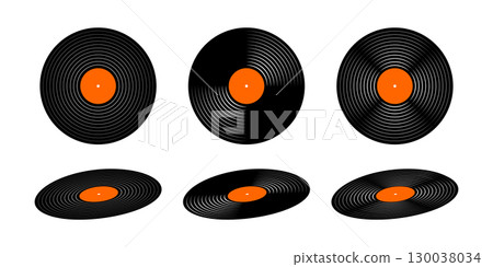 Set of vinyl records. Turntable long play music plates isolated on white background. DJ discs for techno party. 70s 80s 90s night club discotheque nostalgia concept. Vector flat illustration Set of vinyl records. Turntable long play music plates isolated on white background. DJ discs for techno party. 70s 80s 90s night club discotheque nostalgia concept. Vector flat illustration 130038034