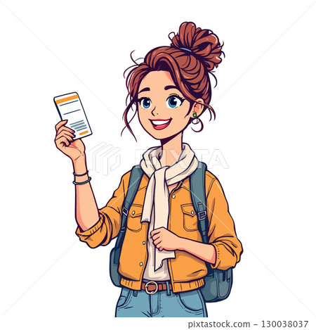 Smiling tourist woman showing travel ticket, ready for vacation 130038037
