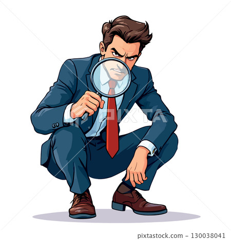 Businessman crouching and searching with magnifying glass Businessman crouching and searching with magnifying glass 130038041