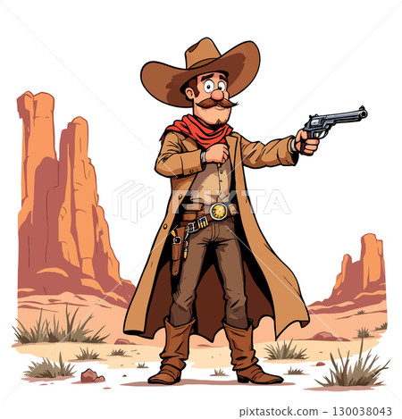 Cowboy firing gun in desert landscape with canyons Cowboy firing gun in desert landscape with canyons 130038043