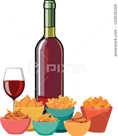 Wine bottle and glass accompanied by bowls of savory snacks 130038169