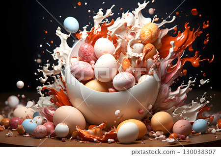 decorative composition of colored chicken eggs. creative art 130038307