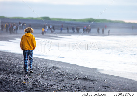 Exploring the black sand beaches of Iceland during an overcast day with fellow travelers 130038760