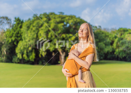 Mother holding her little baby in a yellow sling in the park. Warm and loving family moment. Babywearing, parenting, and mother-child bonding concept 130038785