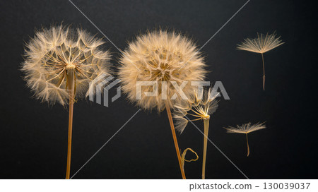 dandelion seeds fly from a flower on a dark blue background. botany and bloom growth propagation. dandelion seeds fly from a flower on a dark blue background. botany and bloom growth propagation. 130039037