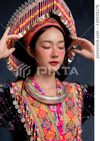 Beautiful Asian woman wearing traditional colorful ethnic costume and silver jewelry, posing in studio portrait. Cultural fashion photography showcasing vibrant embroidery, handmade textile. Beautiful Asian woman wearing traditional colorful ethnic costume and silver jewelry, posing in studio portrait. Cultural fashion photography showcasing vibrant embroidery, handmade textile. 130039276