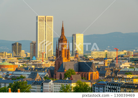 Frankfurt Cathedral and City at Sunrise. Aerial View. Hesse, Germany 130039469