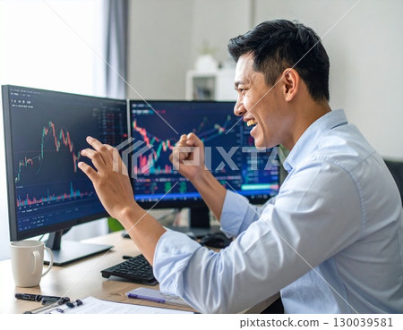 一位年輕的商人、交易員、男性投資者，準確判斷股價上漲趨勢並取得成功 130039581
