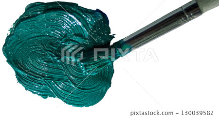 Palette and brush with teal-toned paint on a clear background. 130039582