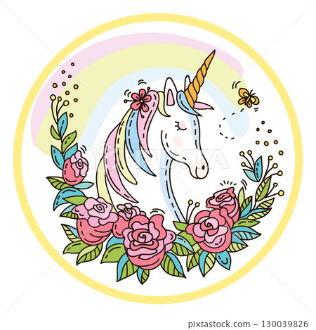 Funny unicorn in a wreath of roses vector doodle illustration 130039826