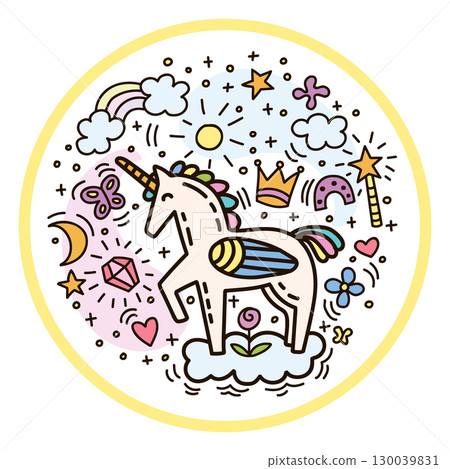 Funny doodle style unicorn in a circle vector illustration 130039831