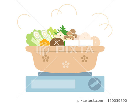 Illustration of a hot pot dish cooked on an electric portable stove 130039890