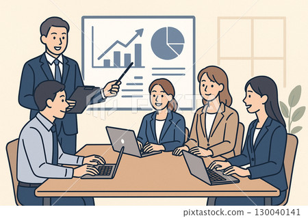 Office meeting scene: businessmen and team giving presentation 130040141