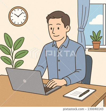 Men working from home Image of computer work and telework 130040143
