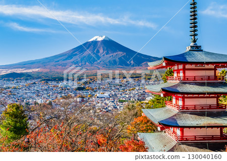 Yamanashi Prefecture, Autumn leaves at Arakurayama Sengen Shrine, Five-story Pagoda and Mount Fuji 130040160