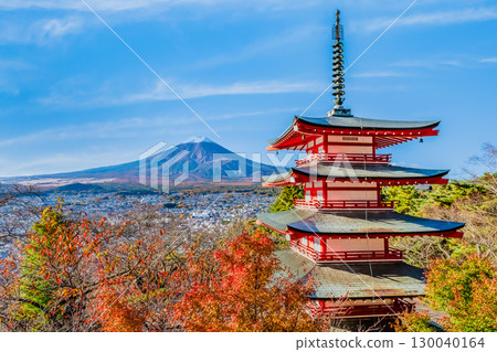 Yamanashi Prefecture, Autumn leaves at Arakurayama Sengen Shrine, Five-story Pagoda and Mount Fuji 130040164